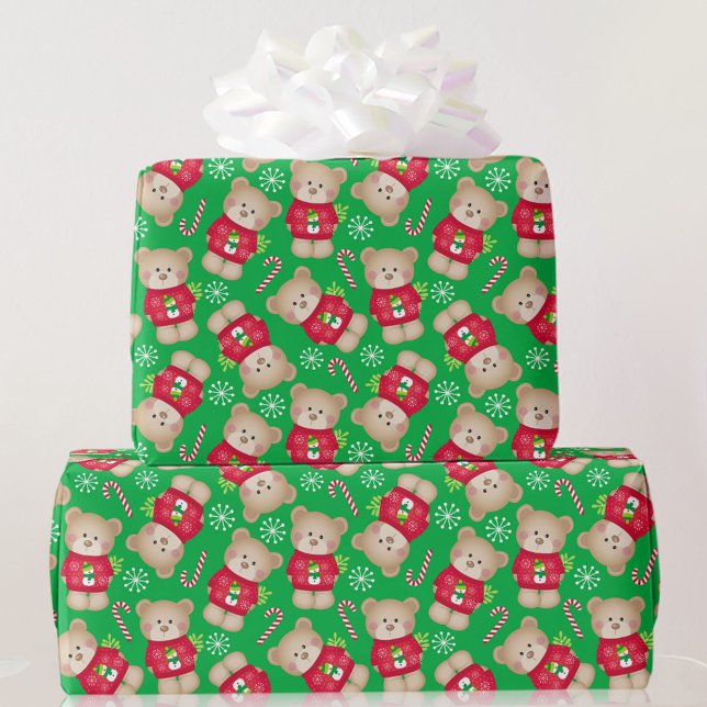 Papel De Regalo Navidades Cute Teddy Bears Candy Canes Rojo Verde (Subido por el creador)