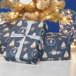 Papel De Regalo Navidades de acuarela azul de la Marina