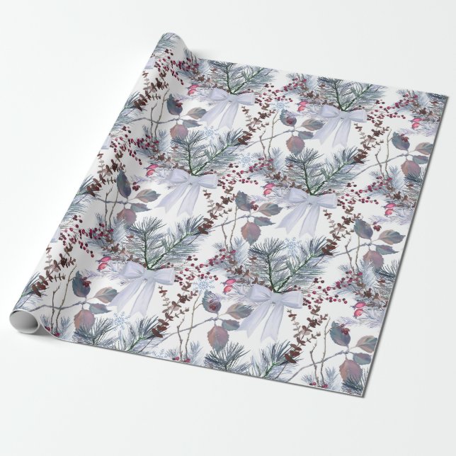 Papel De Regalo Navidades de acuarela Berries y ramas de pino (Desenrollado)