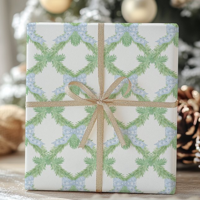 Papel De Regalo Navidades de acuarela Blue Bow Garland (Subido por el creador)