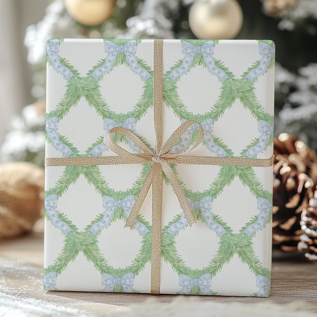 Papel De Regalo Navidades de acuarela Blue Bow Garland (Subido por el creador)