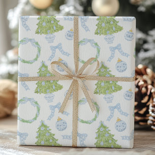 Papel De Regalo Navidades de acuarela Blue Bow Ginger Jar Trees