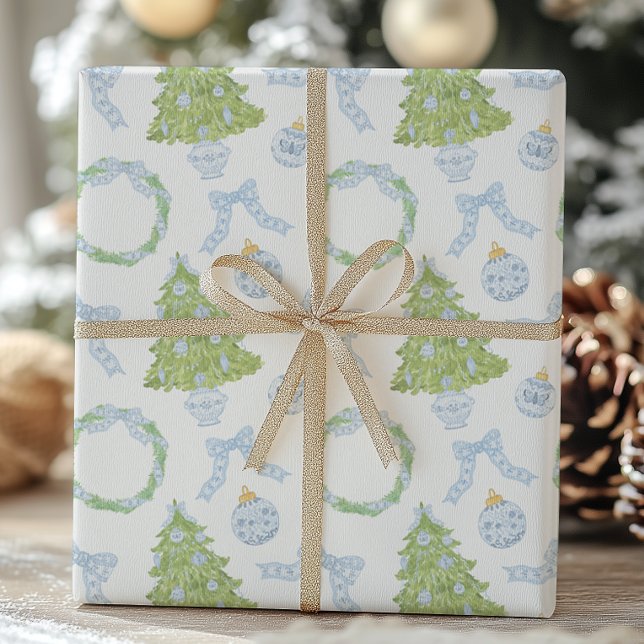 Papel De Regalo Navidades de acuarela Blue Bow Ginger Jar Trees (Subido por el creador)