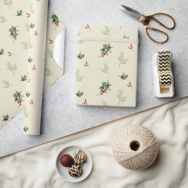 Papel De Regalo Navidades de acuarela botánica verde (Artesanía)