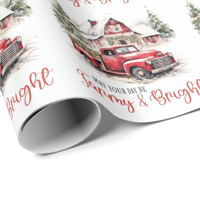 Papel De Regalo Navidades de acuarela Camión de época y granero (Esquina del rollo)