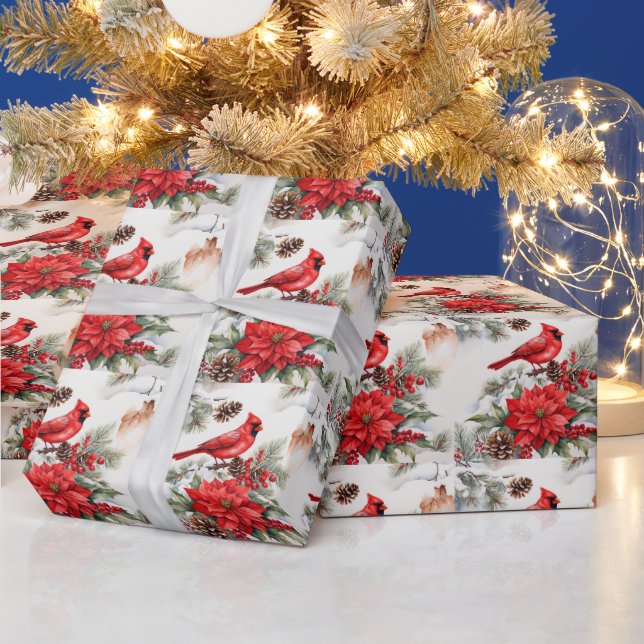 Papel De Regalo Navidades de acuarela Cardenal Rojo, Poinsettia (Vacaciones)