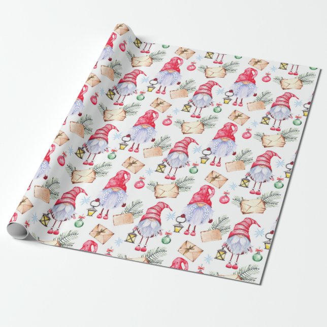 Papel De Regalo Navidades de acuarela Cute Gnomes Holiday (Desenrollado)