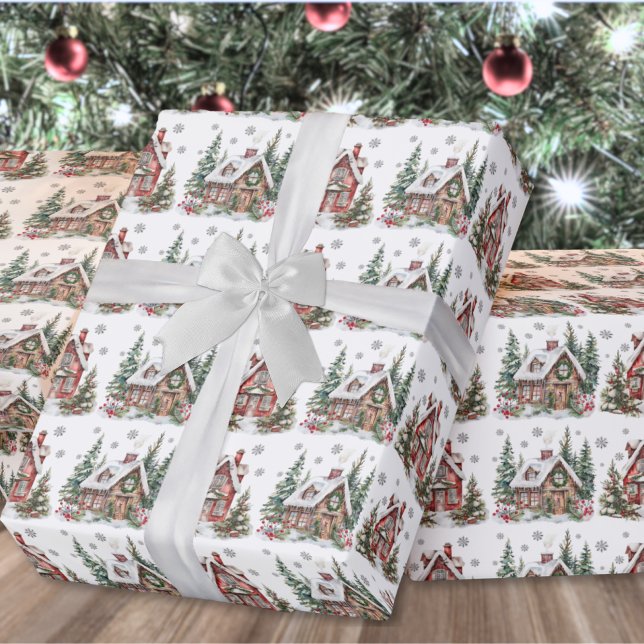 Papel De Regalo Navidades de acuarela de invierno festivo (Festive Winter Cabin Watercolor Christmas Wrapping Paper )