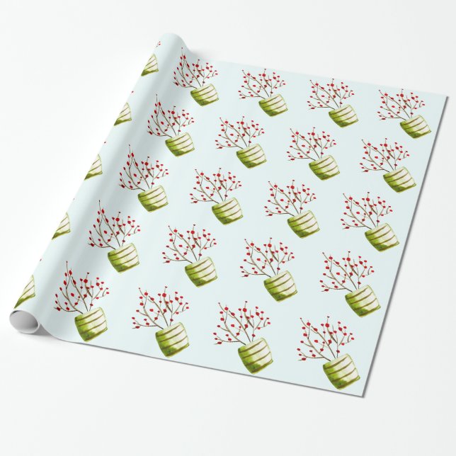 Papel De Regalo Navidades de acuarela de las Berries Rojas (Desenrollado)