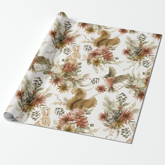 Papel De Regalo Navidades de acuarela marrón lindo animales de Woo (Desenrollado)
