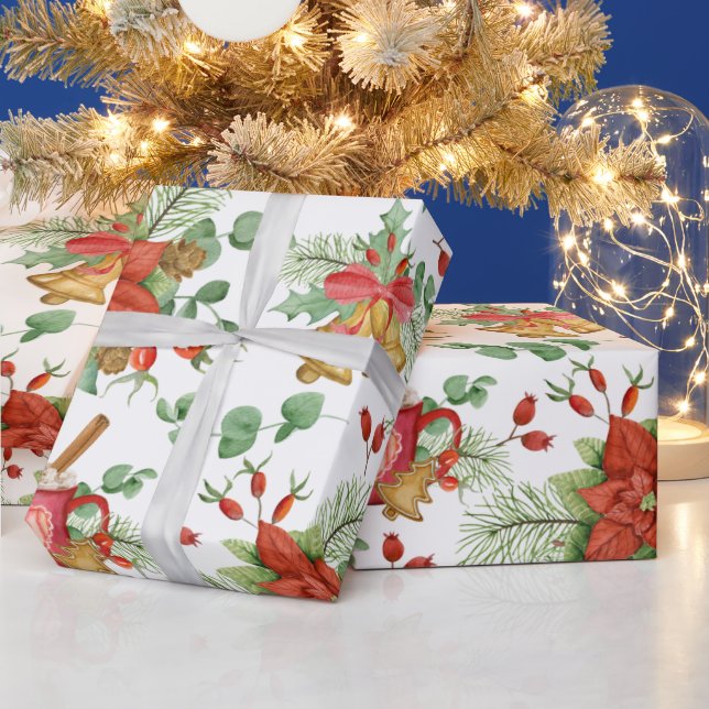 Papel De Regalo Navidades de acuarela Poinsettia y Cardenal Rojo (Vacaciones)