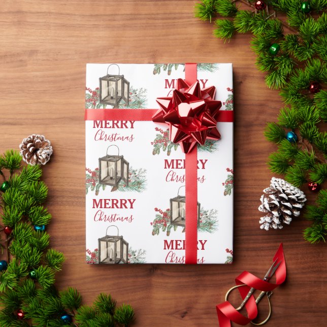 Papel De Regalo Navidades de acuarela rusas Lantern Pine Berries (Regalo de vacaciones)