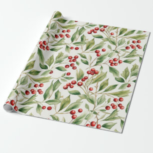 Papel De Regalo Navidades de acuarela Verde Holly con bayas rojas