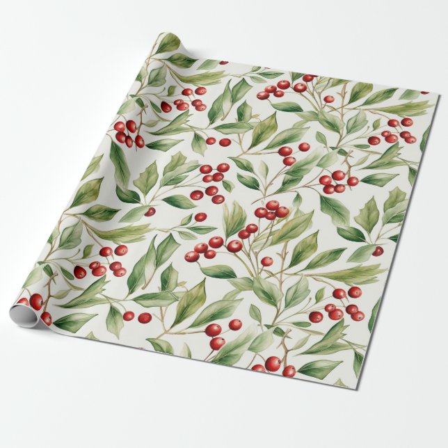 Papel De Regalo Navidades de acuarela Verde Holly con bayas rojas (Desenrollado)