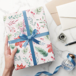 Papel De Regalo Navidades de acuarela Verde Rojo Florece De Blanco