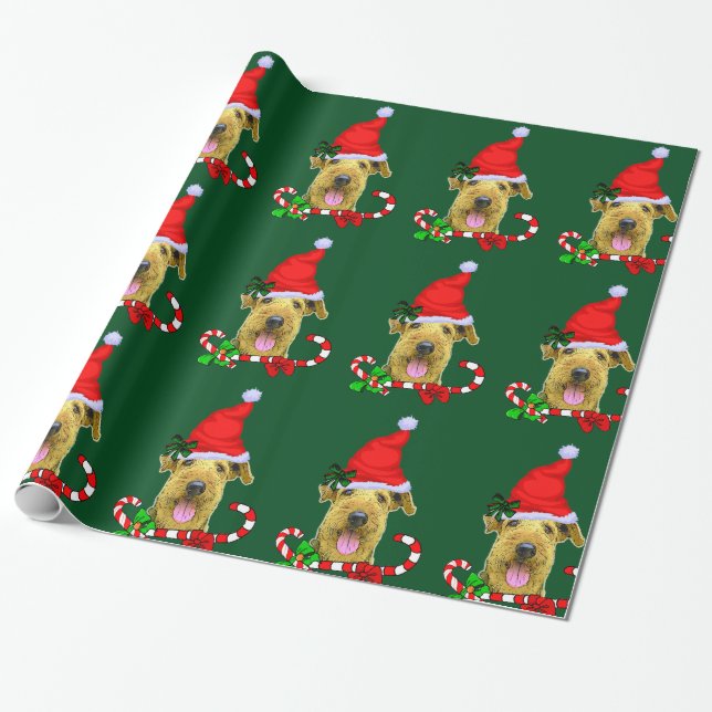 Papel De Regalo Navidades de Airedale Terrier Santa Hat (Desenrollado)