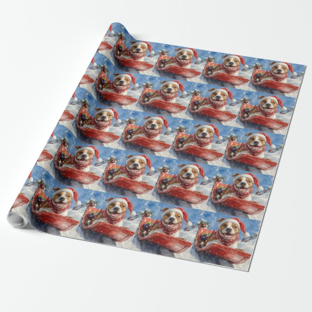 Papel De Regalo Navidades de American Staffordshire en Sledge (Desenrollado)