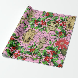 Papel De Regalo Navidades de Angel Cherubs Holly, el Vintage Rosa