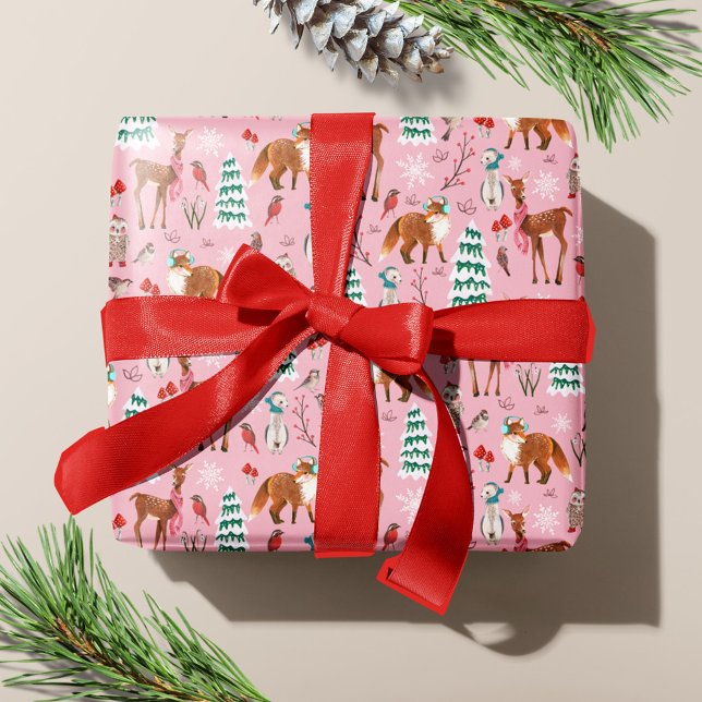 Papel De Regalo Navidades de animales de la Tierra de Obras Públic (Cute Pink Woodland Animals Christmas Holiday Wrapping Paper)