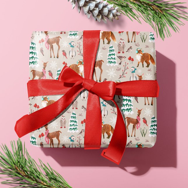 Papel De Regalo Navidades de animales de la Tierra de Obras Públic (Cute Woodland Animals Christmas Holiday Wrapping Paper)