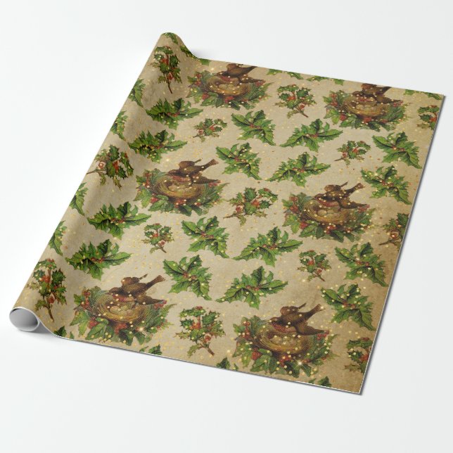 Papel De Regalo Navidades de Antigüedades Nido Verde de Ave (Desenrollado)