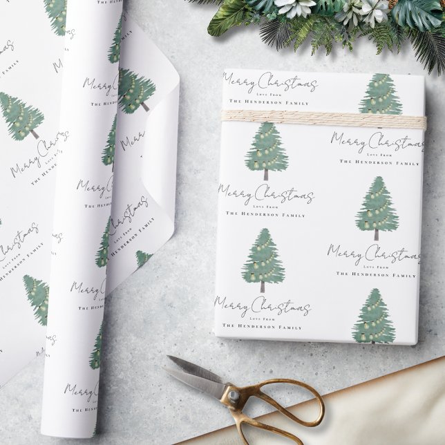 Papel De Regalo Navidades de árbol de acuarela elegantes y persona (Personalized family name merry Christmas watercolor whimsical tree green & white wrapping paper)