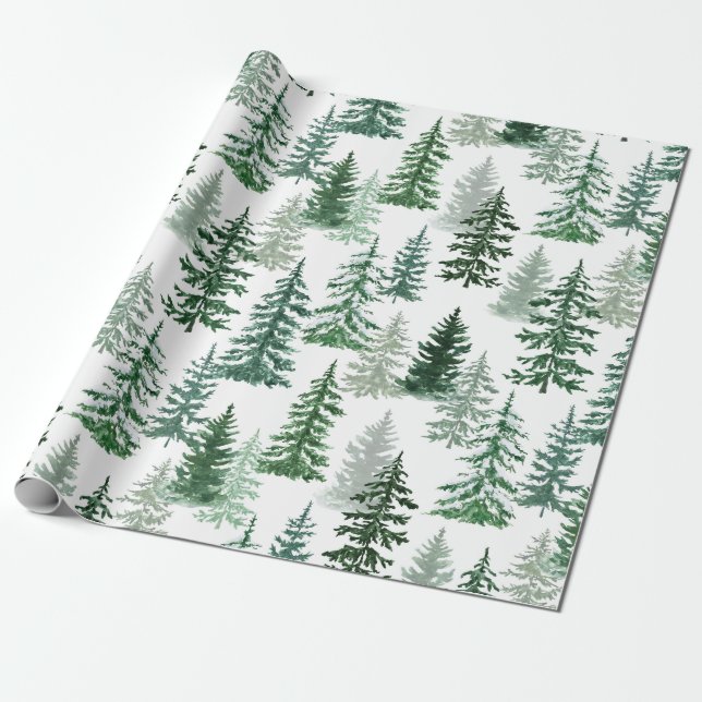Papel De Regalo Navidades de árbol de pino de invierno acuarela mo (Desenrollado)