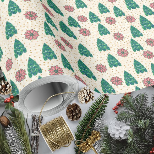 Papel De Regalo Navidades de árboles artesanales y Poinsettias (Christmas Patchwork Trees and Poinsettias Wrapping Paper Rolls by Leapfroglisics Shop)