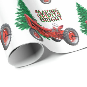 Papel De Regalo Navidades De Árboles Y Tractores Rojos Vintados