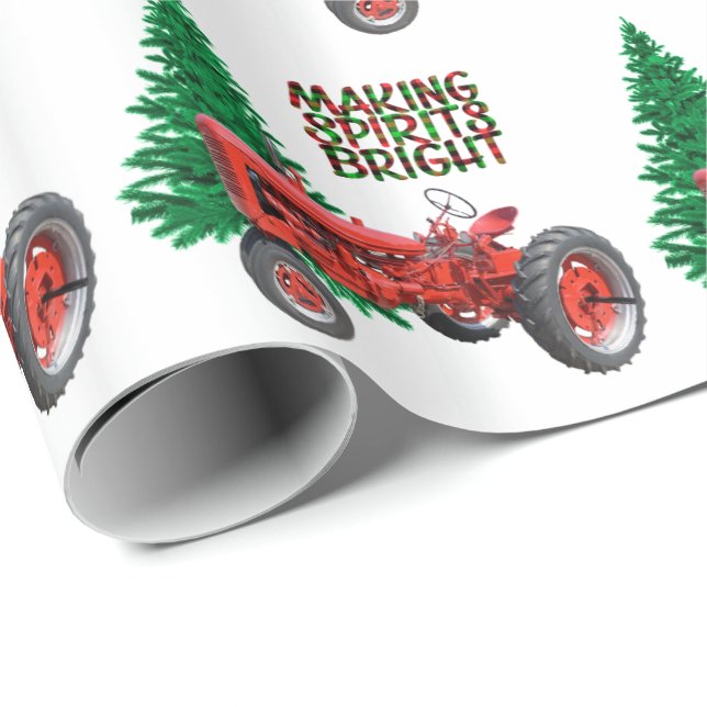 Papel De Regalo Navidades De Árboles Y Tractores Rojos Vintados (Esquina del rollo)