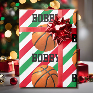 Papel De Regalo Navidades de baloncesto añaden nombre Stripe Red n