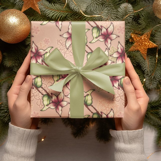 Papel De Regalo Navidades de banda diagonal de punción rosada (Pink Poinsettia Diagonal Stripe Christmas Wrapping Paper)