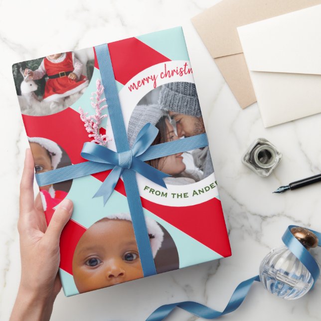 Papel De Regalo Navidades de banda roja personalizada Tres fotos (Regalar)