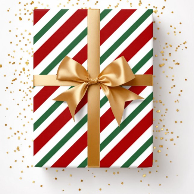 Papel De Regalo Navidades de bandas verdes rojas festivas modernas (Christmas Red Green White Stripes Pattern Wrapping )
