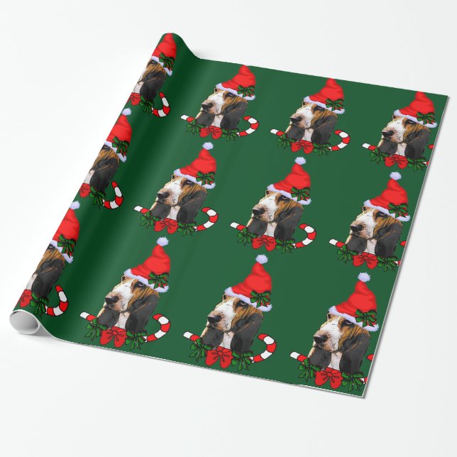Papel De Regalo Navidades de Basset Hound Santa Hat (Desenrollado)