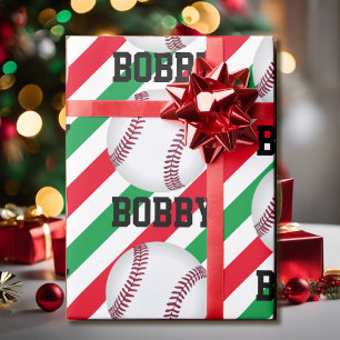 Papel De Regalo Navidades de béisbol añaden nombre Stripe Red n Gr