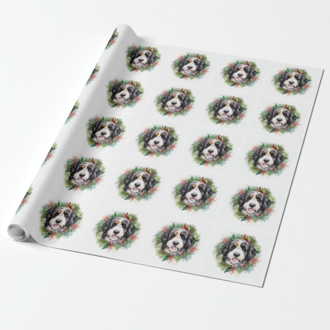 Papel De Regalo Navidades de Bernedoodle Wreath Pup festivo (Desenrollado)