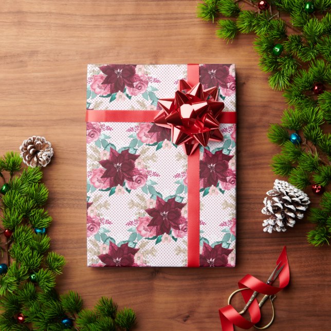 Papel De Regalo Navidades de Borgoña, acuarela de Poinsettia (Regalo de vacaciones)