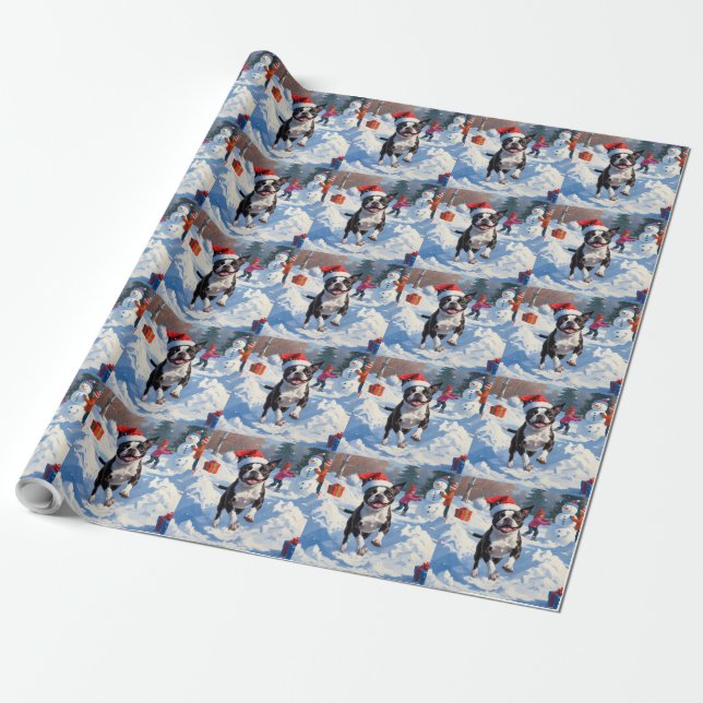 Papel De Regalo Navidades de Boston Terrier celebran escena de nie (Desenrollado)