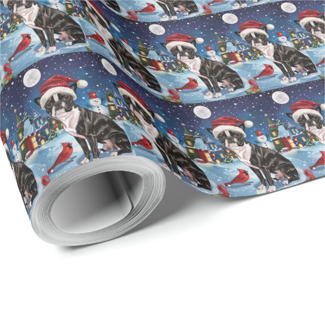 Papel De Regalo Navidades de Boston Terrier Dog Winter Wonderland (Esquina del rollo)