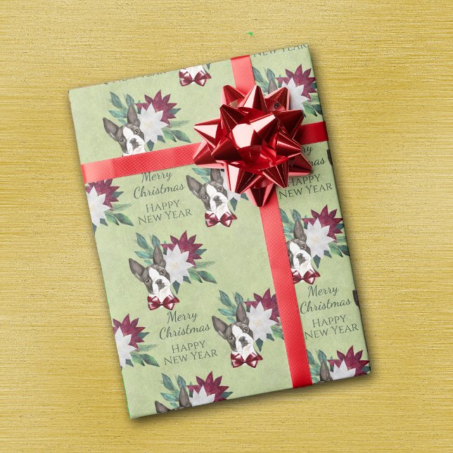 Papel De Regalo Navidades de Boston Terrier Poinsettia Año Nuevo (Subido por el creador)