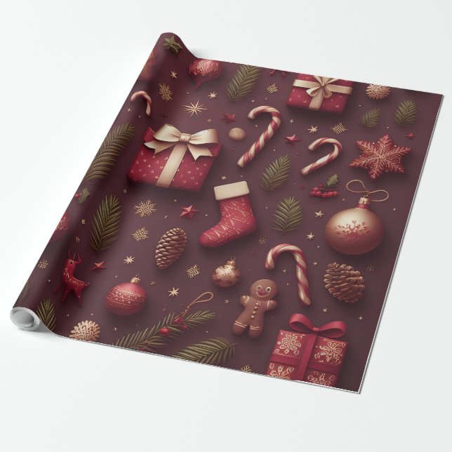 Papel De Regalo Navidades de Burdeos (Desenrollado)