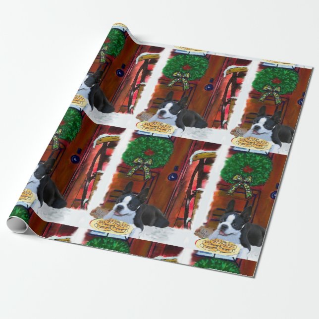 Papel De Regalo Navidades de Cachorros de Boston Terrier (Desenrollado)