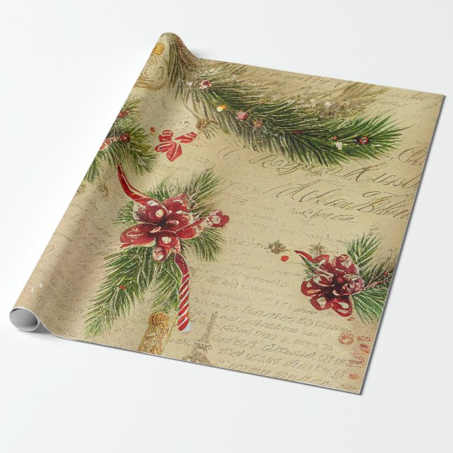 Papel De Regalo Navidades de canto, hojas y adornos (Desenrollado)