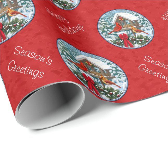 Papel De Regalo Navidades de Cardenales alimentador de aves rojo (Esquina del rollo)