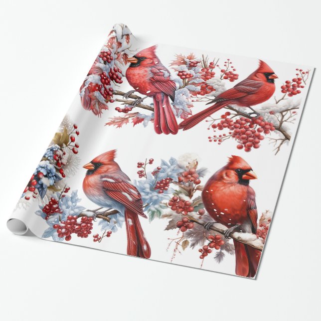 Papel De Regalo Navidades de Cardenales Rojos Blancos Winter Wonde (Desenrollado)