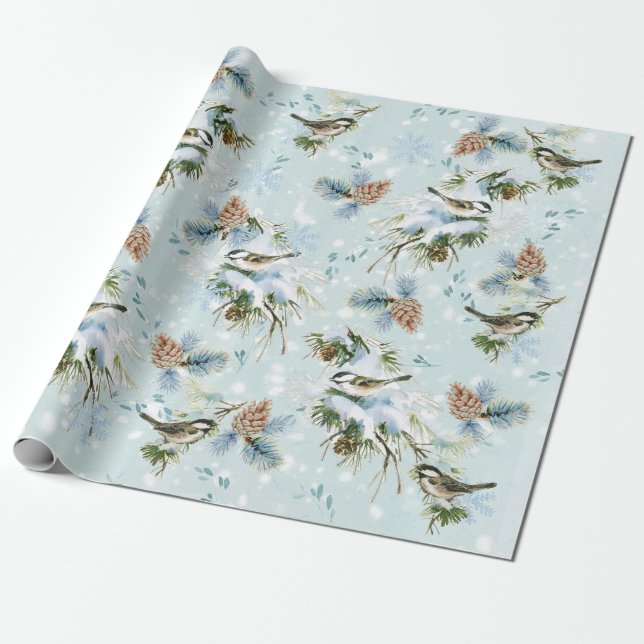 Papel De Regalo Navidades de Chickadee Bird Snow Pinecone Woodland (Desenrollado)