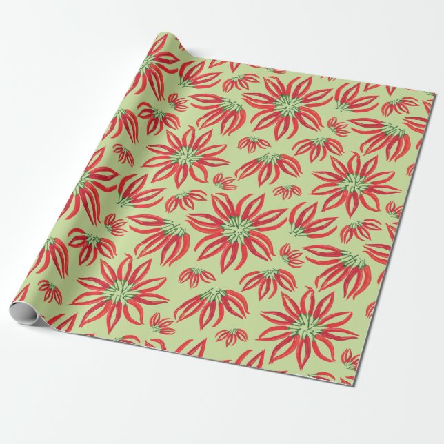 Papel De Regalo Navidades de Chili Pepper Poinsettia (Desenrollado)