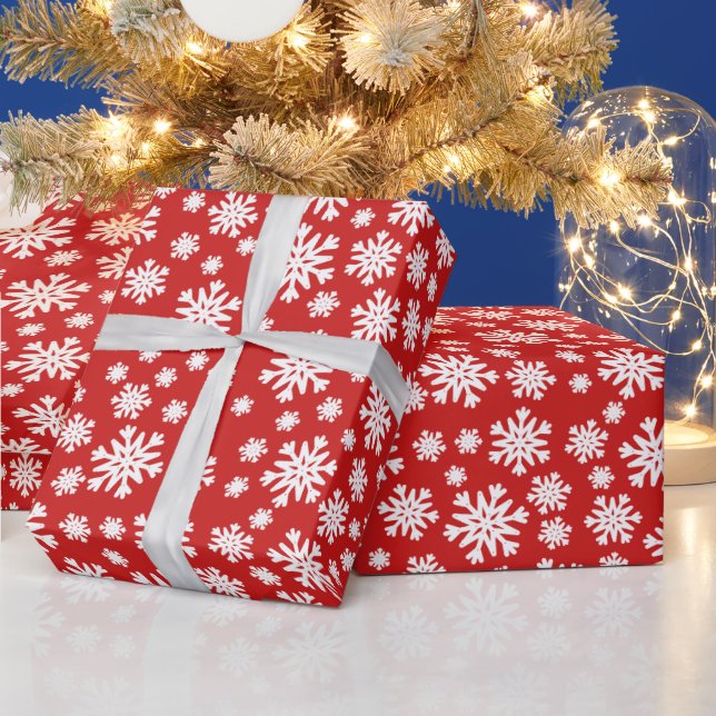 Papel De Regalo Navidades de copos de nieve blancos rojos envuelto (Vacaciones)