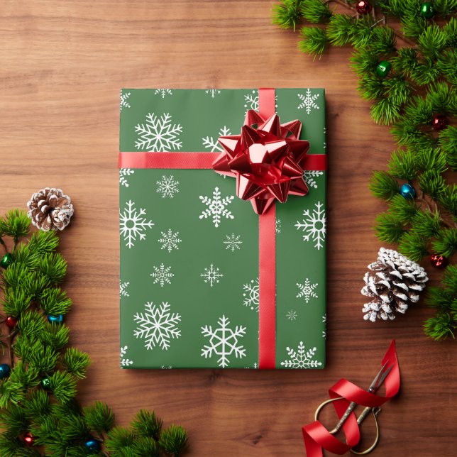 Papel De Regalo Navidades de copos de nieve Pine Tree Green Extra  (Regalo de vacaciones)